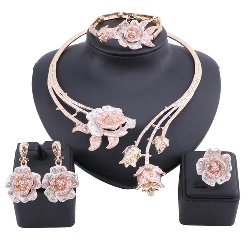 Women Wedding Gold Color Crystal Rose Flower Necklace Statement Jewelry Set