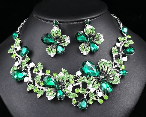 JEWELRY SET- Necklace 3Pcs set Women's Colorful Flower Design, Green