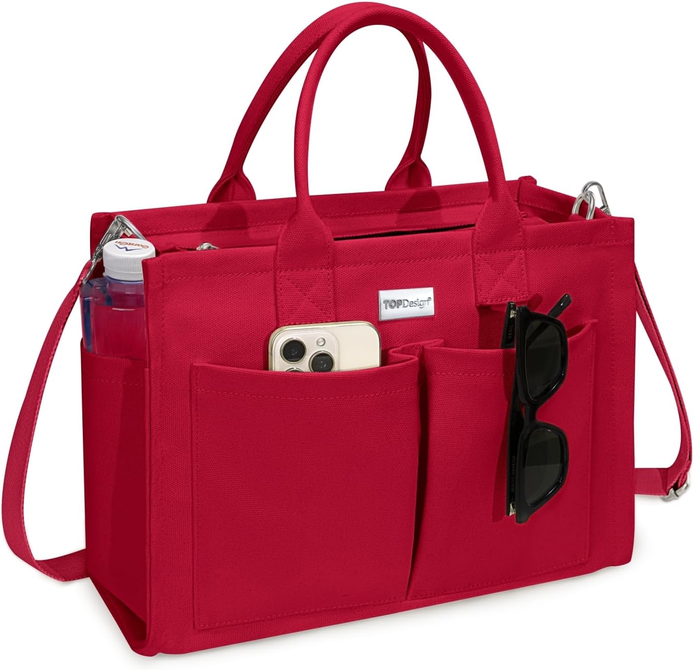 TOPDesign Heavy-Duty Canvas Tote Bag for Women, Adjustable Crossbody/Shoulder Handbag with 9 Pockets, Everything Tote