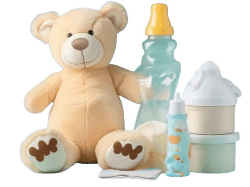 Soft teddy bear with baby bottles and care essentials