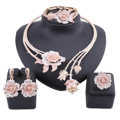 Women Wedding Gold Color Crystal Rose Flower Necklace Statement Jewelry Set
