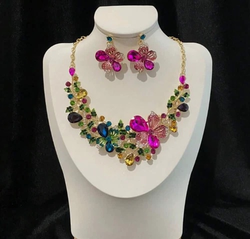 JEWELRY SET- Necklace 3Pcs set Women's Colorful Flower Design, Multi Color view 2