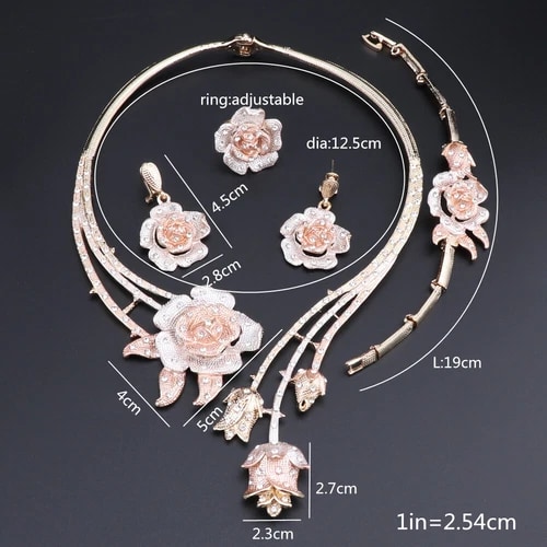 Women Wedding Gold Color Crystal Rose Flower Necklace Statement Jewelry Set view 3