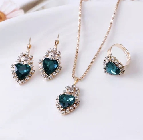 Women's Fashion Jewelry Set Rose Gold Heart Crystal Necklace Earrings Ring 1-261 view 2