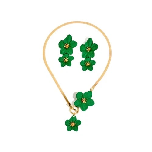 Women's Fashion Elegant Green Flower Pendant Necklace Earring Set Gift Alloy view 4