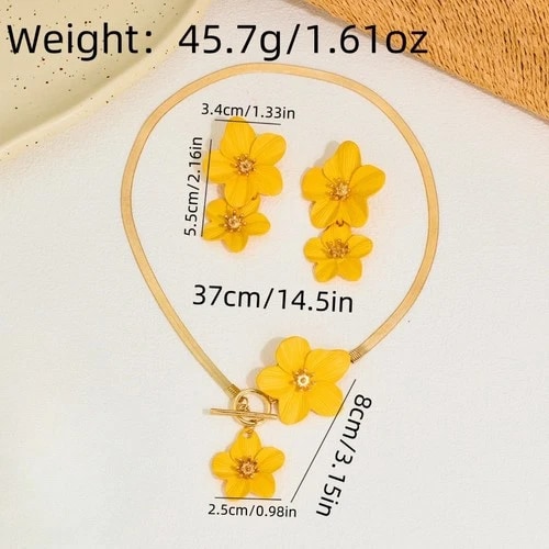 Women's Fashion Elegant Yellow Flower Pendant Necklace Earring Set Alloy view 3