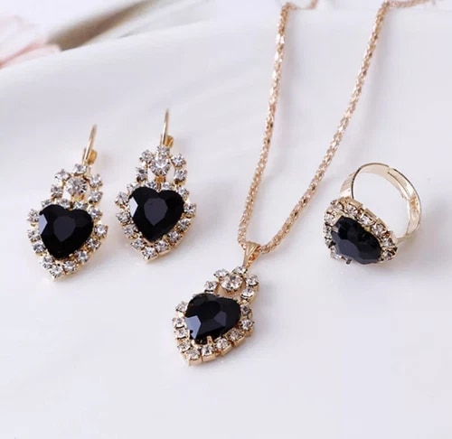 Women's Fashion Jewelry Set Rose Gold Heart Crystal Necklace Earrings Ring 1-261 view 3